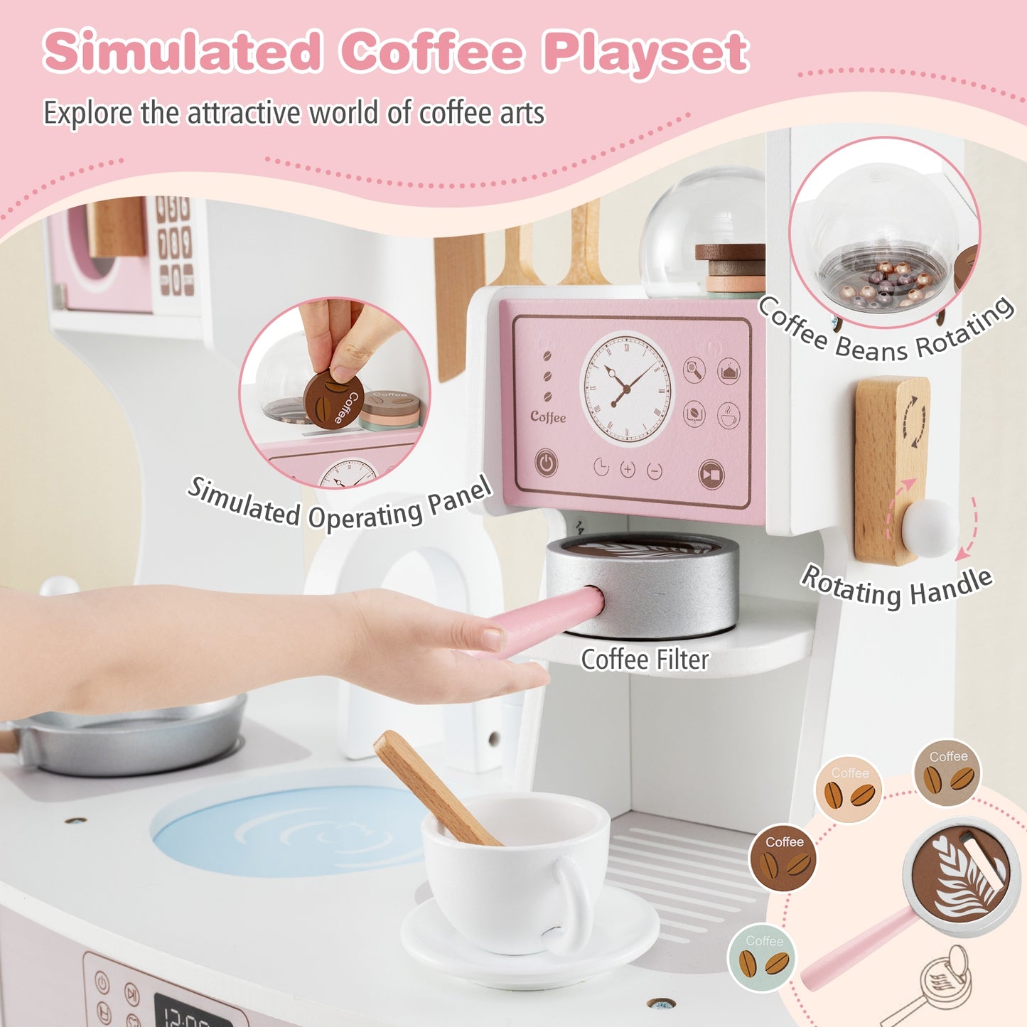 Wooden Kids Kitchen Playset with Coffee Maker for kids, Pink Play Kitchen Sets at Gallery Canada