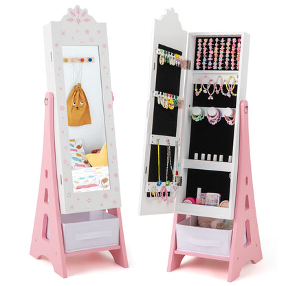 Kids Jewelry Cabinet with Full-Length Mirror and Foldable Drawer, White Kids Vanities at Gallery Canada