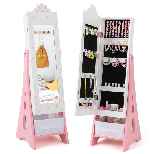 Kids Jewelry Cabinet, Full-Length Mirror, Foldable Drawer, White