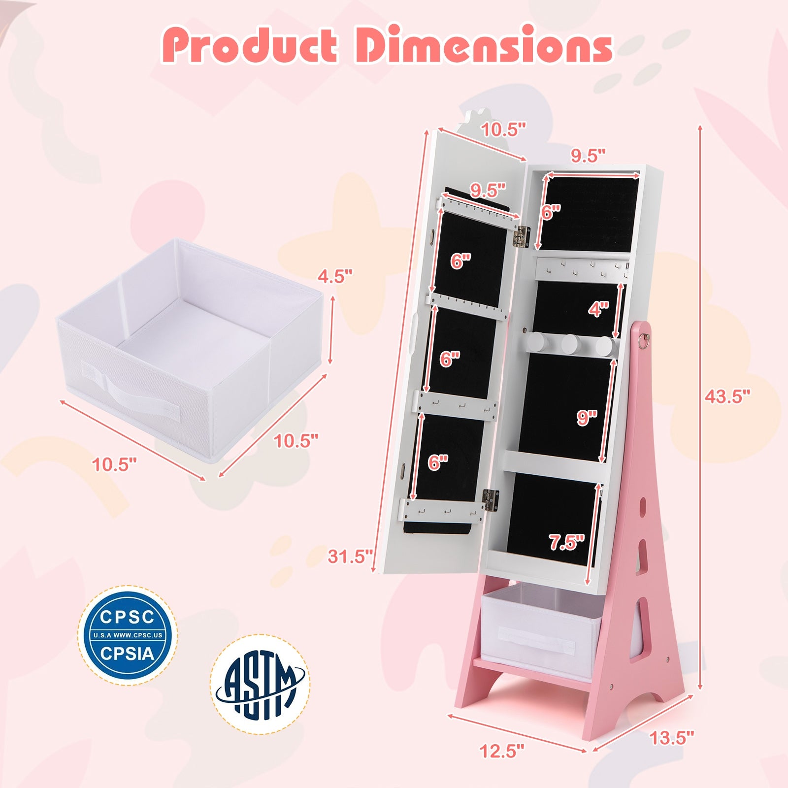 Kids Jewelry Cabinet with Full-Length Mirror and Foldable Drawer, White Kids Vanities at Gallery Canada