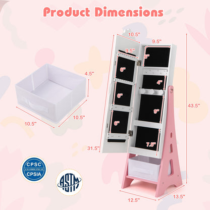 Kids Jewelry Cabinet with Full-Length Mirror and Foldable Drawer, White Kids Vanities at Gallery Canada