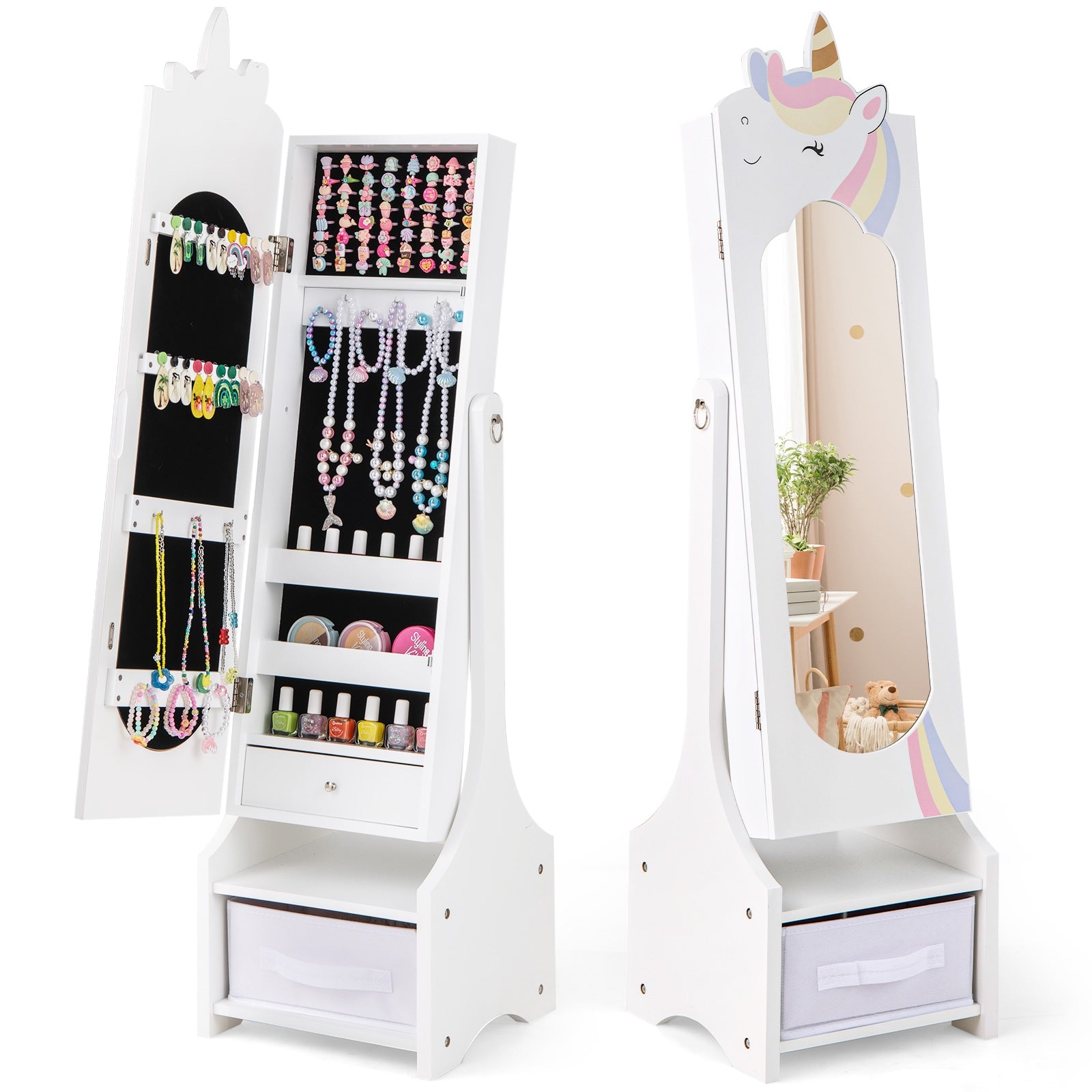 Kids Jewelry Armoire Cabinet with Storage and 2 Tilt Angles, White Kids Vanities White at Gallery Canada