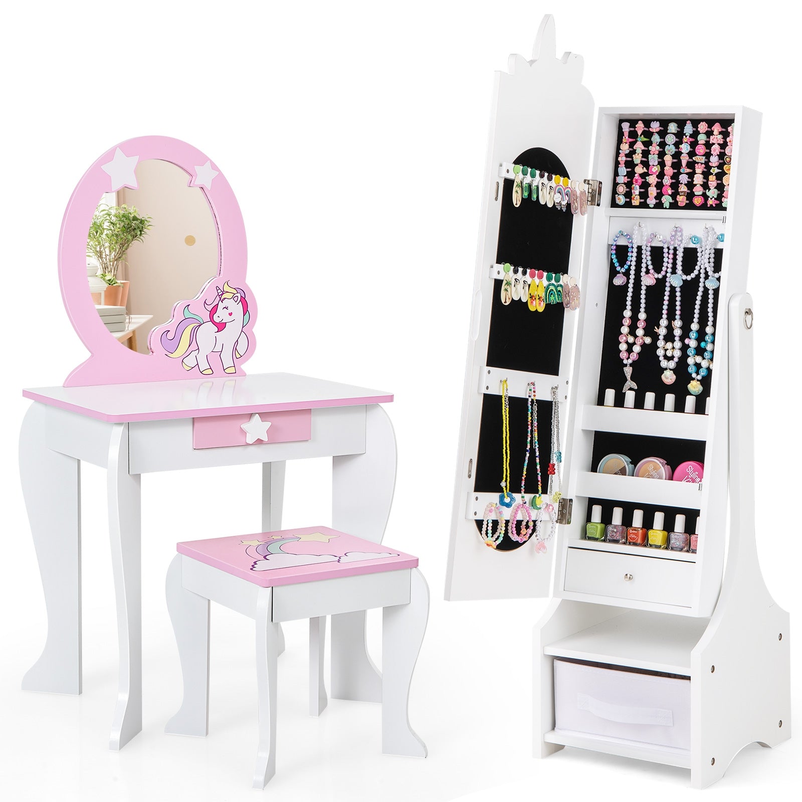Kids Jewelry Armoire Cabinet with Storage and 2 Tilt Angles, White Kids Vanities at Gallery Canada