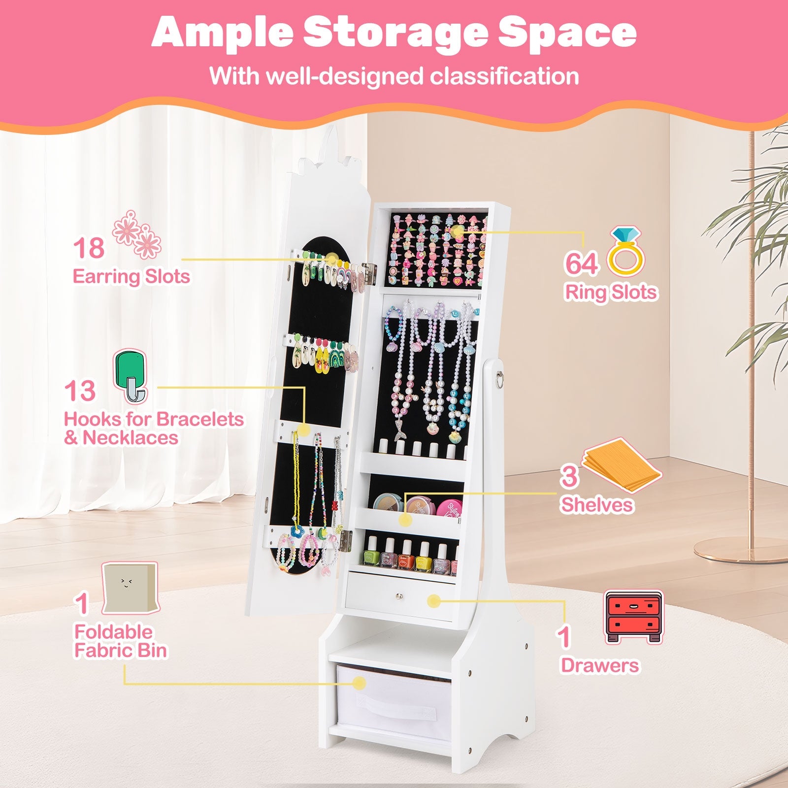 Kids Jewelry Armoire Cabinet with Storage and 2 Tilt Angles, White Kids Vanities at Gallery Canada