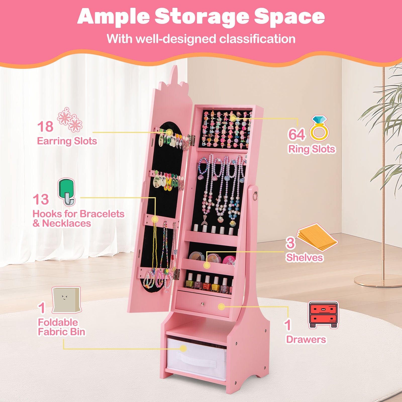 Kids Jewelry Armoire Cabinet with Storage and 2 Tilt Angles, Pink Kids Vanities at Gallery Canada