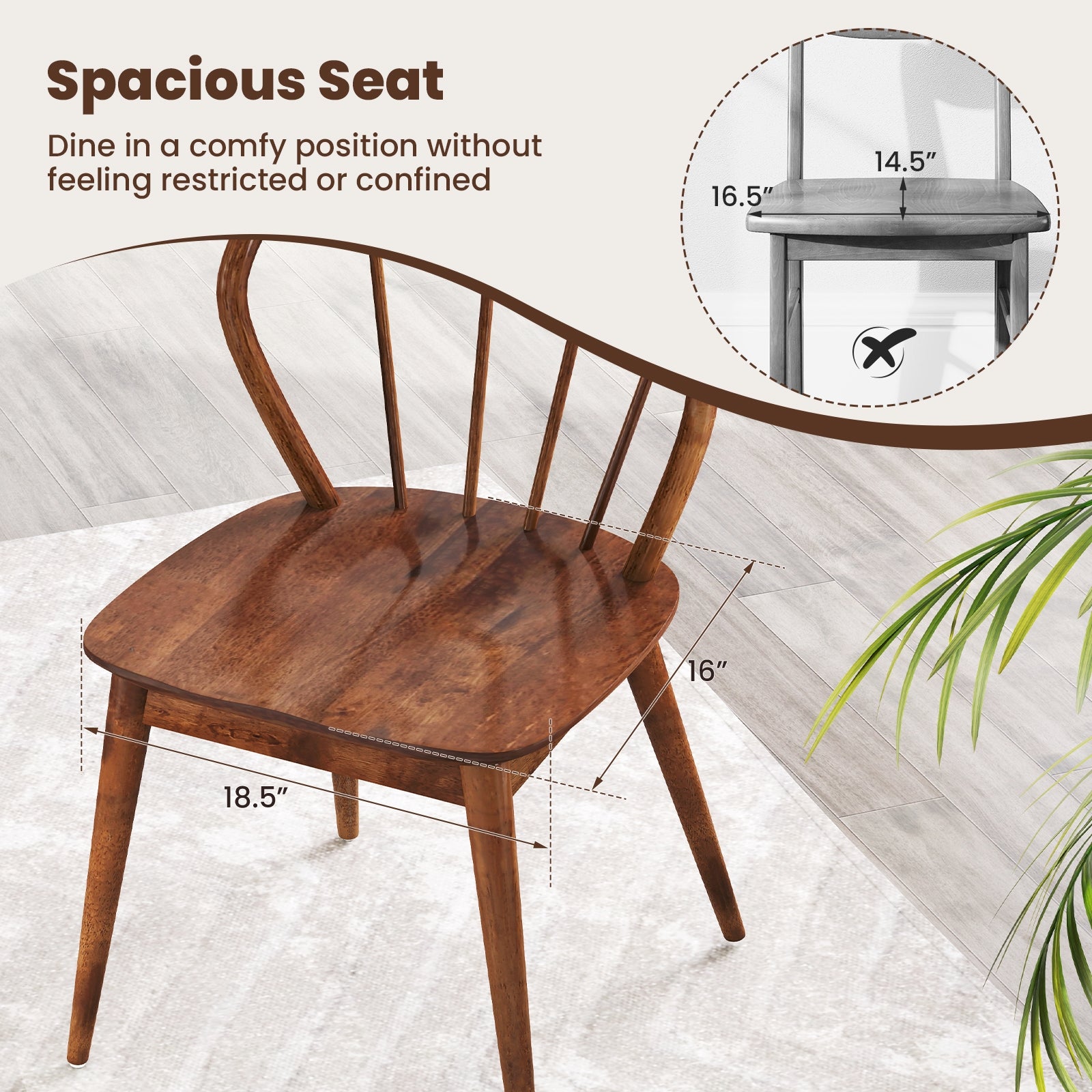 Wooden Dining Chair Set of 2 with High Spindle Back and Wide Seat, Walnut Dining Chairs at Gallery Canada