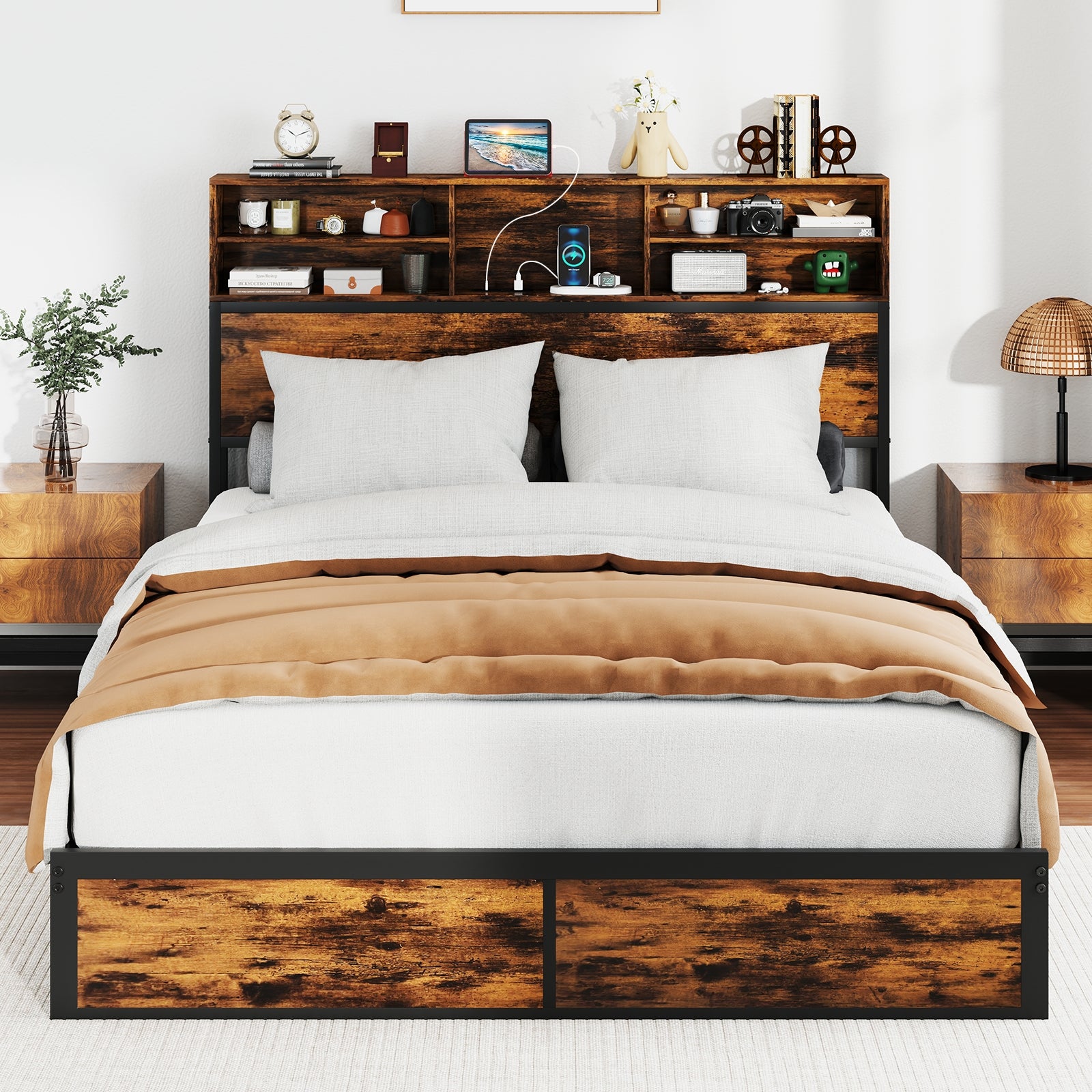 Queen Size Bed Frame With Storage Headboard, Rustic Brown Simple Bed Frame at Gallery Canada