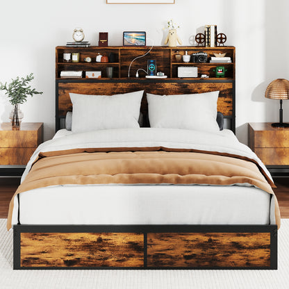 Queen Size Bed Frame With Storage Headboard, Rustic Brown Simple Bed Frame at Gallery Canada