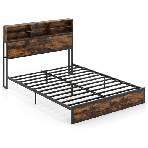 Queen Size Bed Frame With Storage Headboard, Rustic Brown