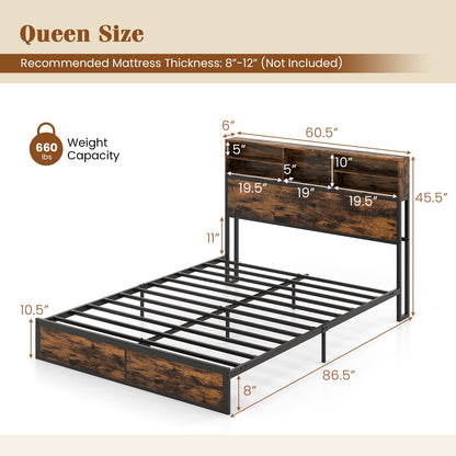 Queen Size Bed Frame With Storage Headboard, Rustic Brown Simple Bed Frame at Gallery Canada
