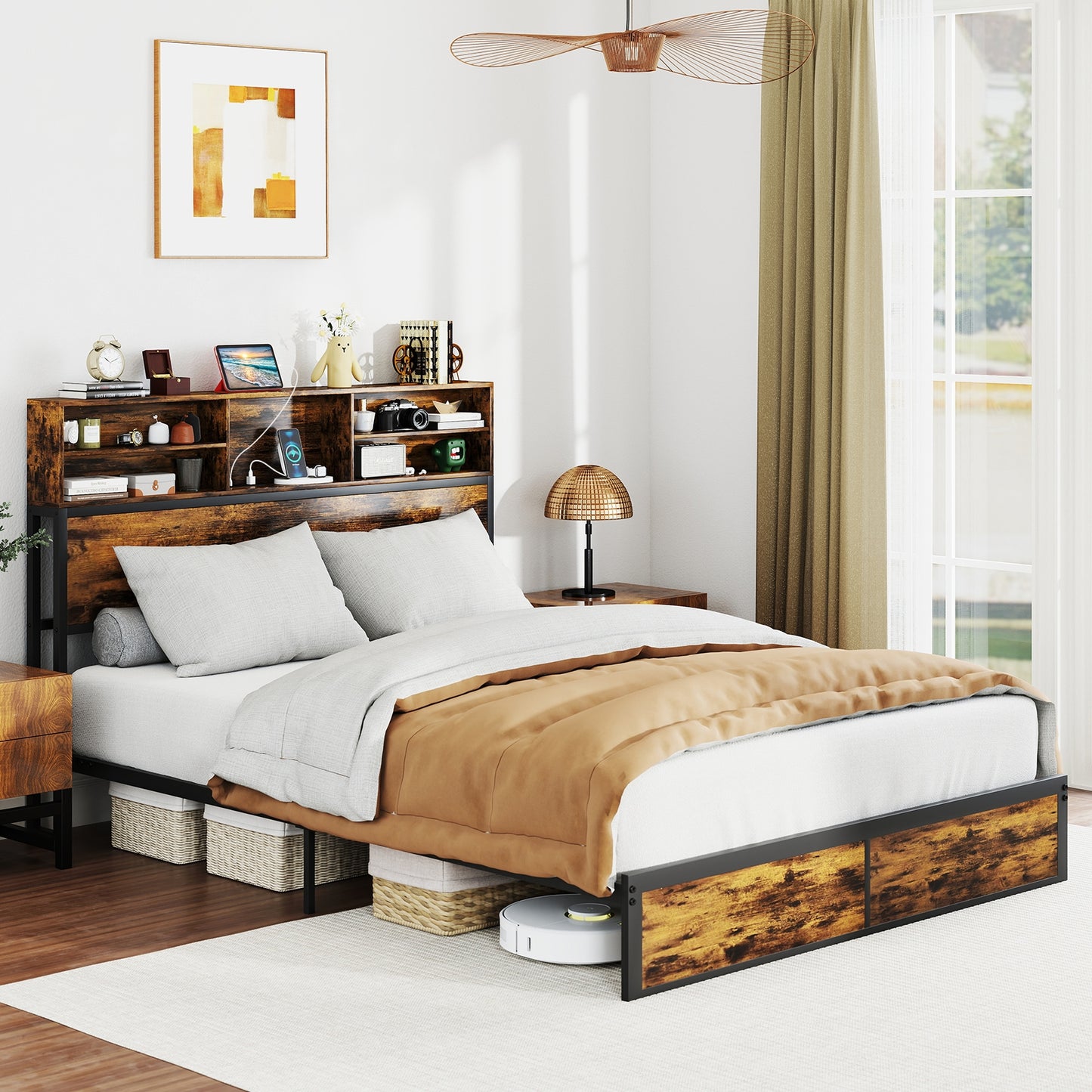 Queen Size Bed Frame With Storage Headboard, Rustic Brown Simple Bed Frame at Gallery Canada