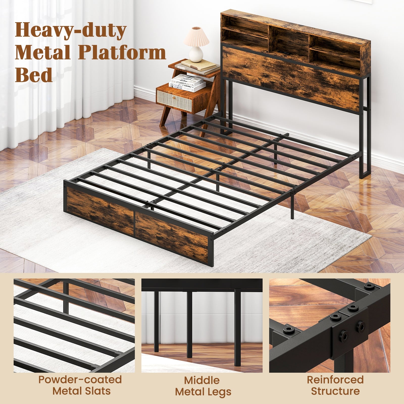 Queen Size Bed Frame With Storage Headboard, Rustic Brown Simple Bed Frame at Gallery Canada