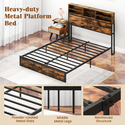 Queen Size Bed Frame With Storage Headboard, Rustic Brown Simple Bed Frame at Gallery Canada