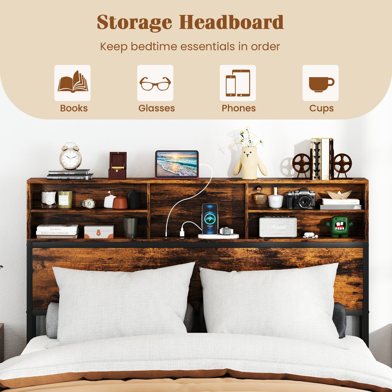 Queen Size Bed Frame With Storage Headboard, Rustic Brown Simple Bed Frame at Gallery Canada