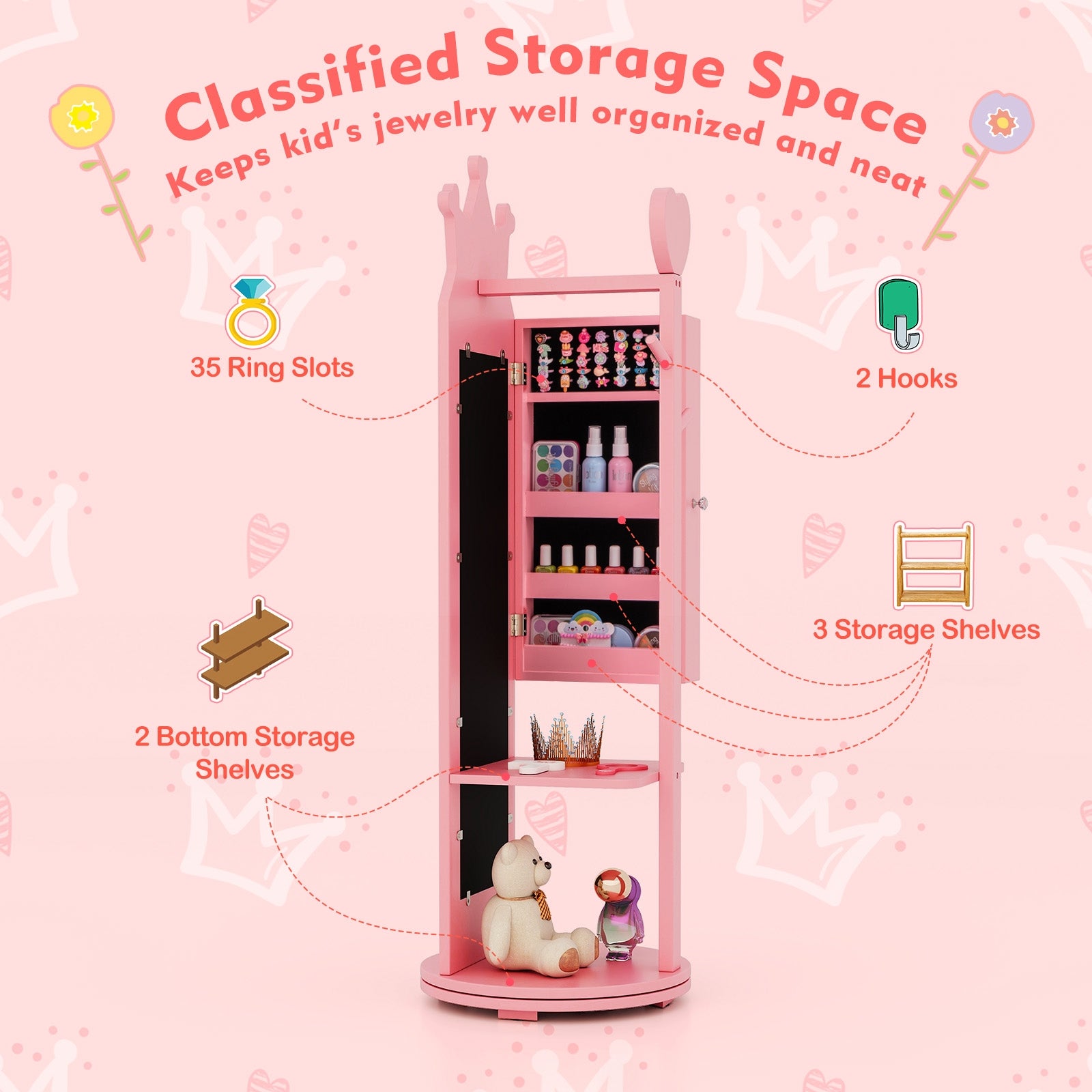 Free-Standing Full Length Mirror Kids Jewelry Armoire Cabinet, Pink Kids Vanities at Gallery Canada
