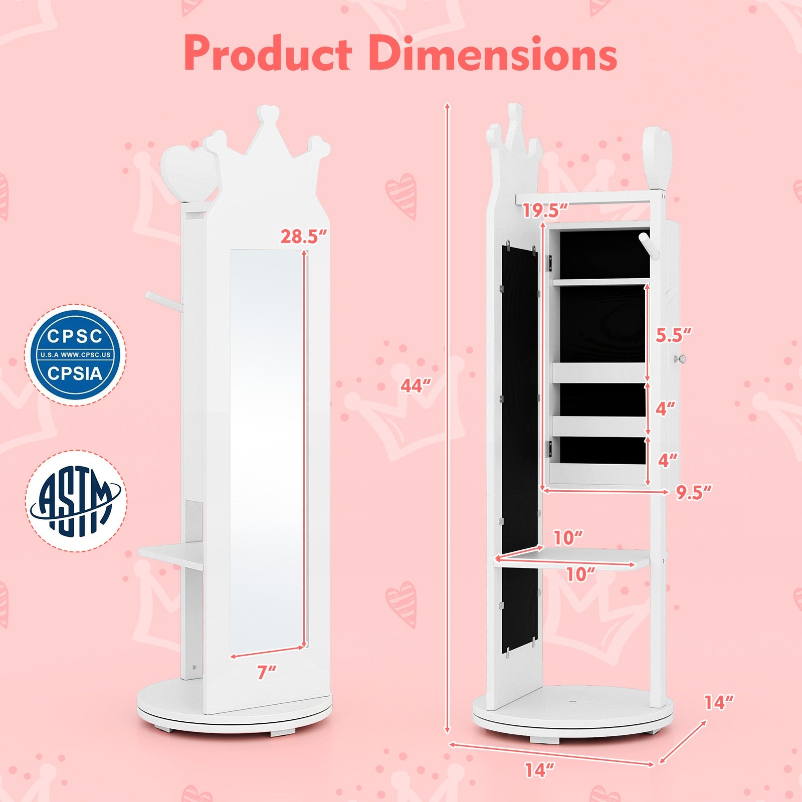 Free-Standing Full Length Mirror Kids Jewelry Armoire Cabinet, White Kids Vanities at Gallery Canada