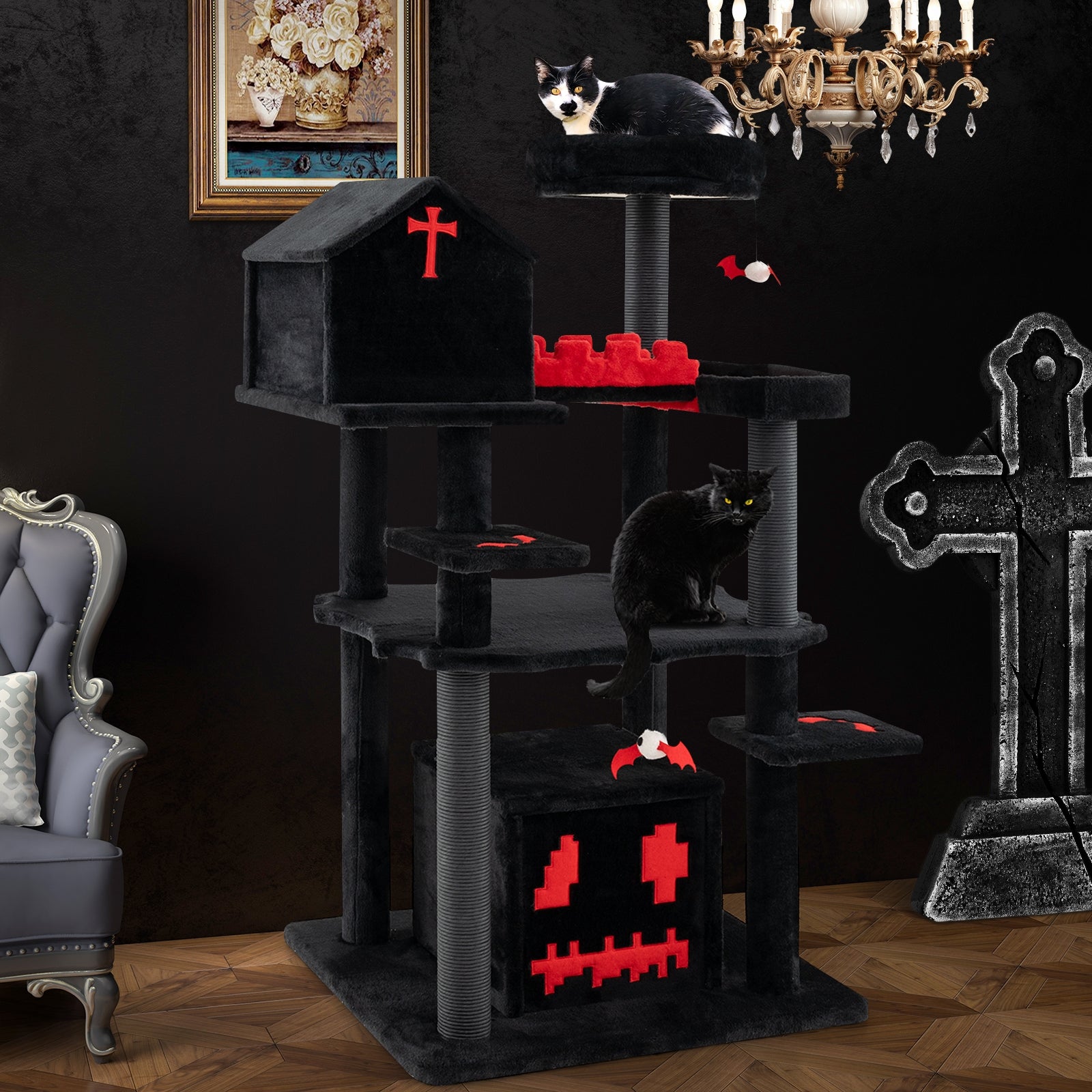 Gothic Cat Tree 49 Inch Tall Cat Tower 6-Tier Cat Activity Center with Coffin Bed, Black Cat Trees Condos & Scratchers at Gallery Canada