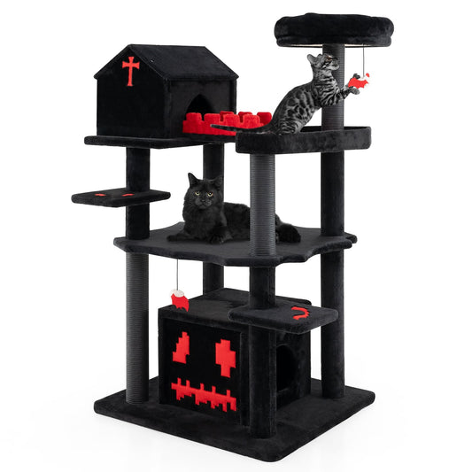 Gothic Cat Tree, 49 Inch Tall, 6-Tier Cat Tower With Coffin Bed, Black Cat Trees Condos & Scratchers Black at Gallery Canada