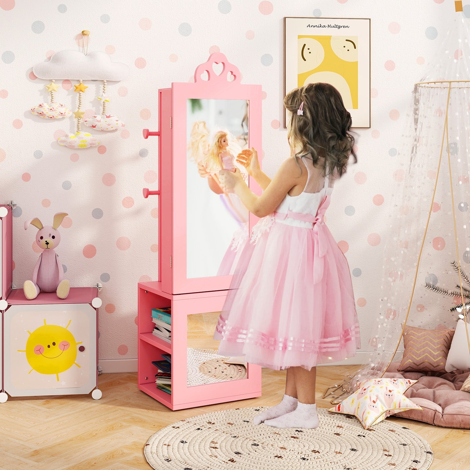 3-in-1 Freestanding Kids Jewelry Cabinet Armoire with Full Length Mirror, Pink Kids Vanities at Gallery Canada