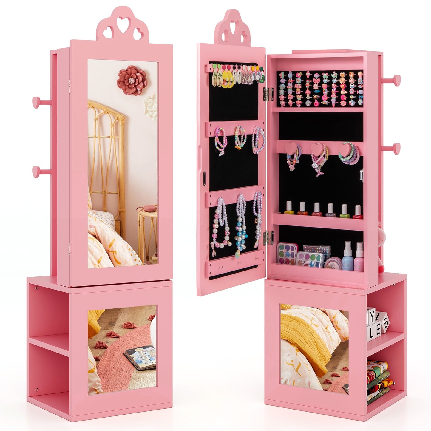 3-in-1 Freestanding Kids Jewelry Cabinet Armoire with Full Length Mirror, Pink Kids Vanities at Gallery Canada