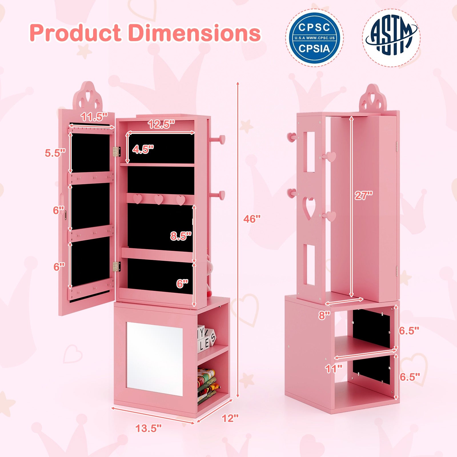 3-in-1 Freestanding Kids Jewelry Cabinet Armoire with Full Length Mirror, Pink Kids Vanities at Gallery Canada