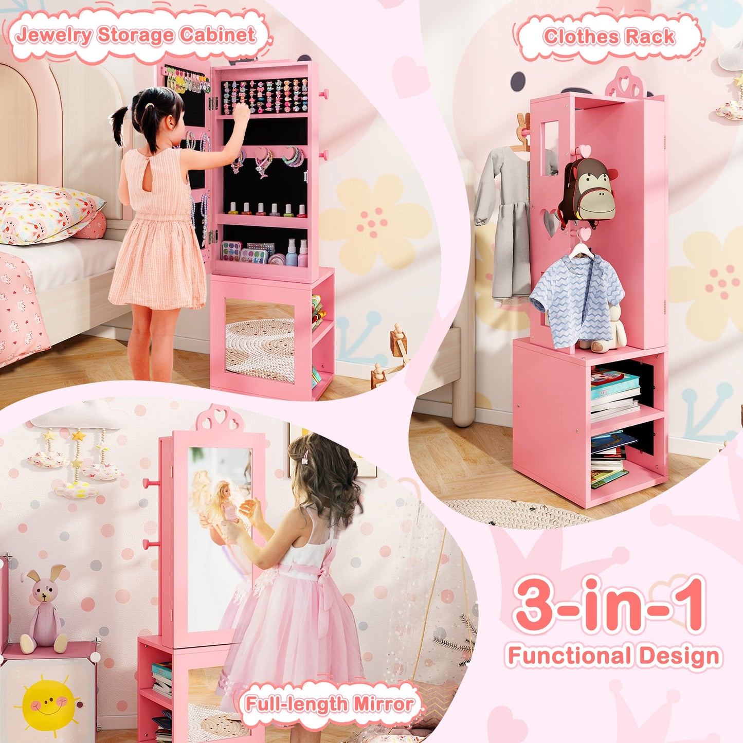 3-in-1 Freestanding Kids Jewelry Cabinet Armoire with Full Length Mirror, Pink Kids Vanities at Gallery Canada