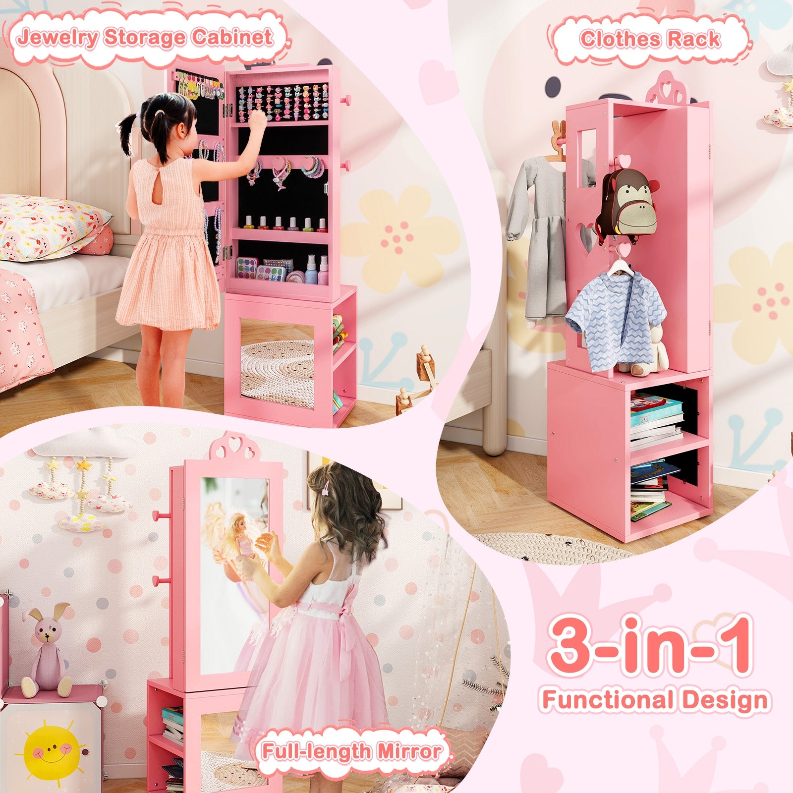 3-in-1 Freestanding Kids Jewelry Cabinet Armoire with Full Length Mirror, Pink Kids Vanities at Gallery Canada