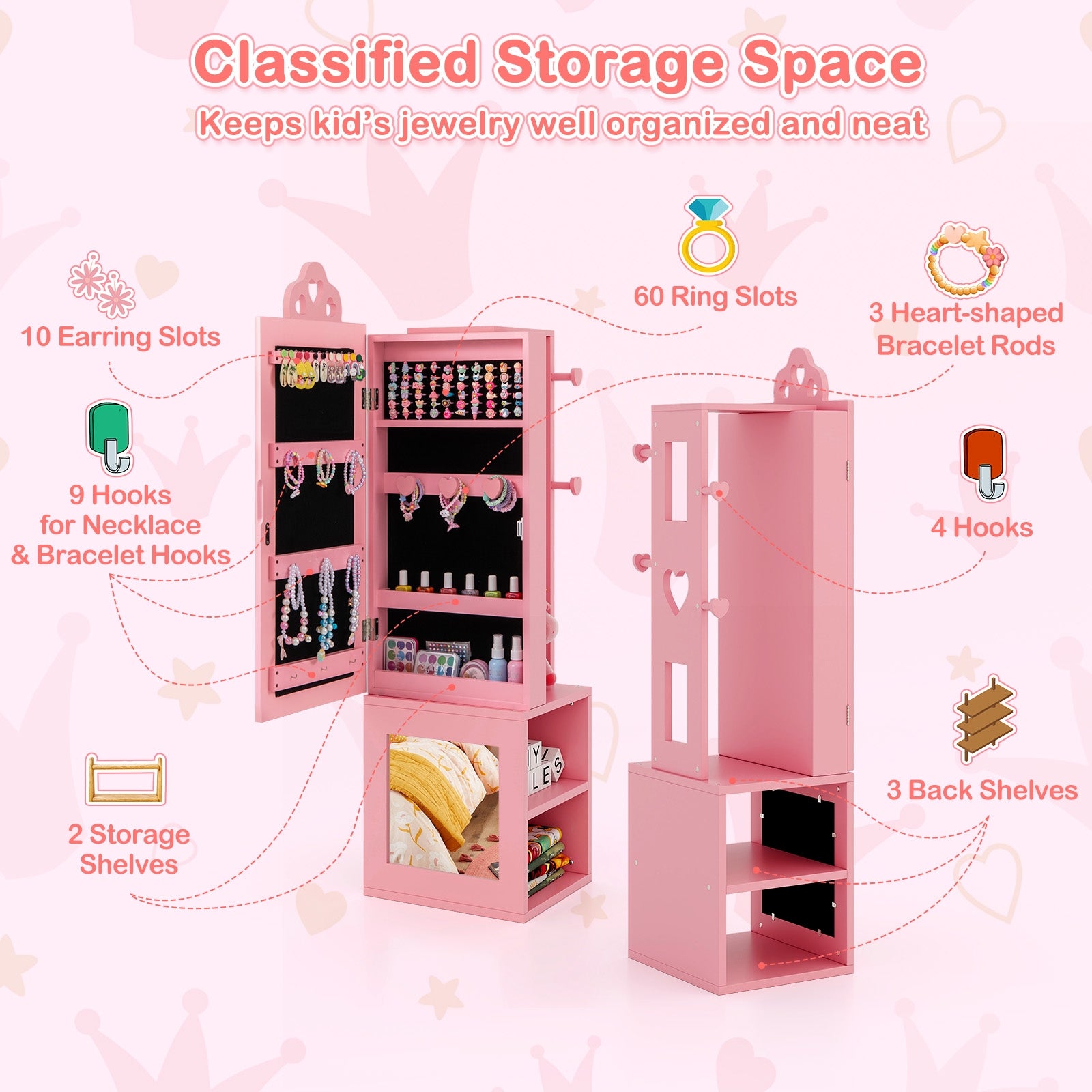 3-in-1 Freestanding Kids Jewelry Cabinet Armoire with Full Length Mirror, Pink Kids Vanities at Gallery Canada