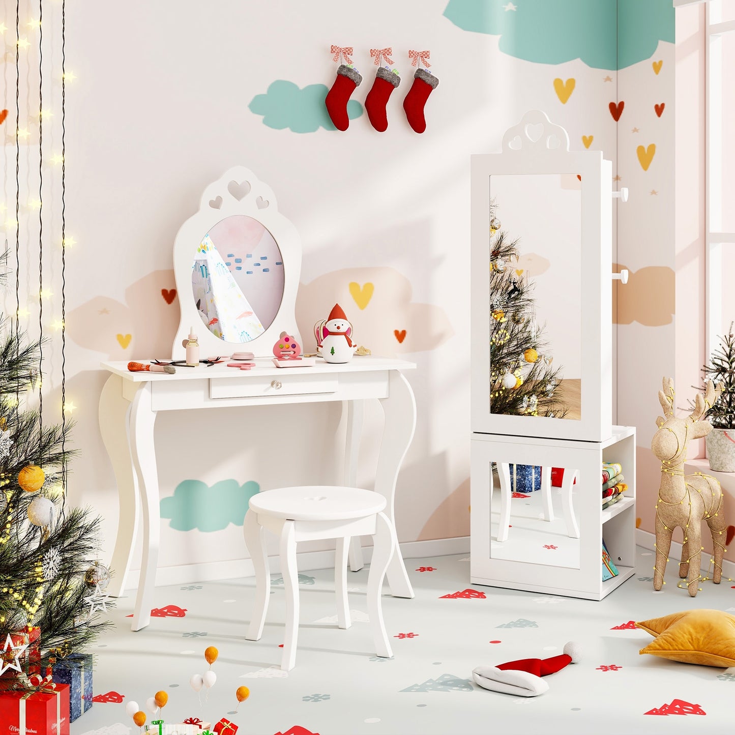 3-in-1 Freestanding Kids Jewelry Cabinet Armoire with Full Length Mirror, White Kids Vanities at Gallery Canada