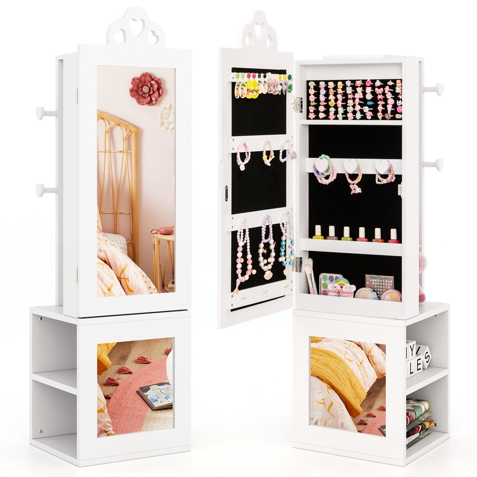 3-in-1 Freestanding Kids Jewelry Cabinet Armoire with Full Length Mirror, White Kids Vanities White at Gallery Canada