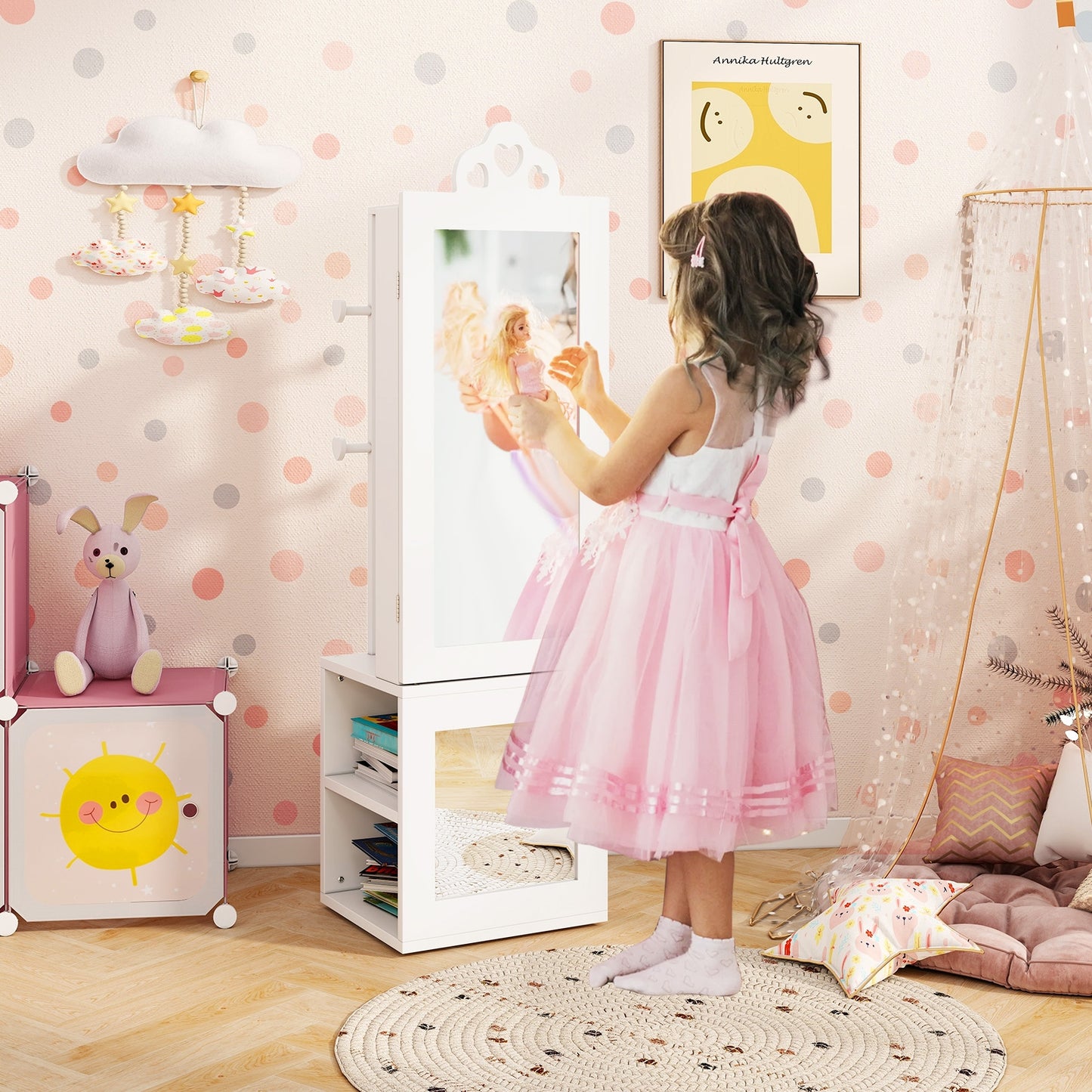 3-in-1 Freestanding Kids Jewelry Cabinet Armoire with Full Length Mirror, White Kids Vanities at Gallery Canada