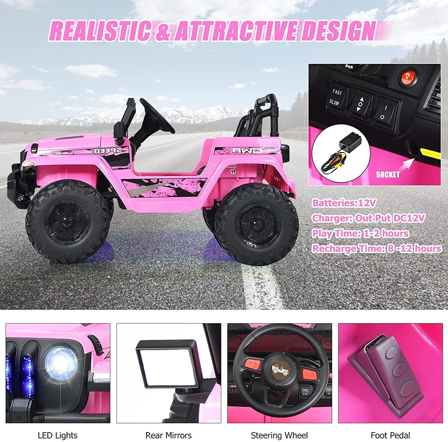 12V Kids Ride-on Jeep Car with 2.4 G Remote Control, Pink Powered Ride On Toys at Gallery Canada
