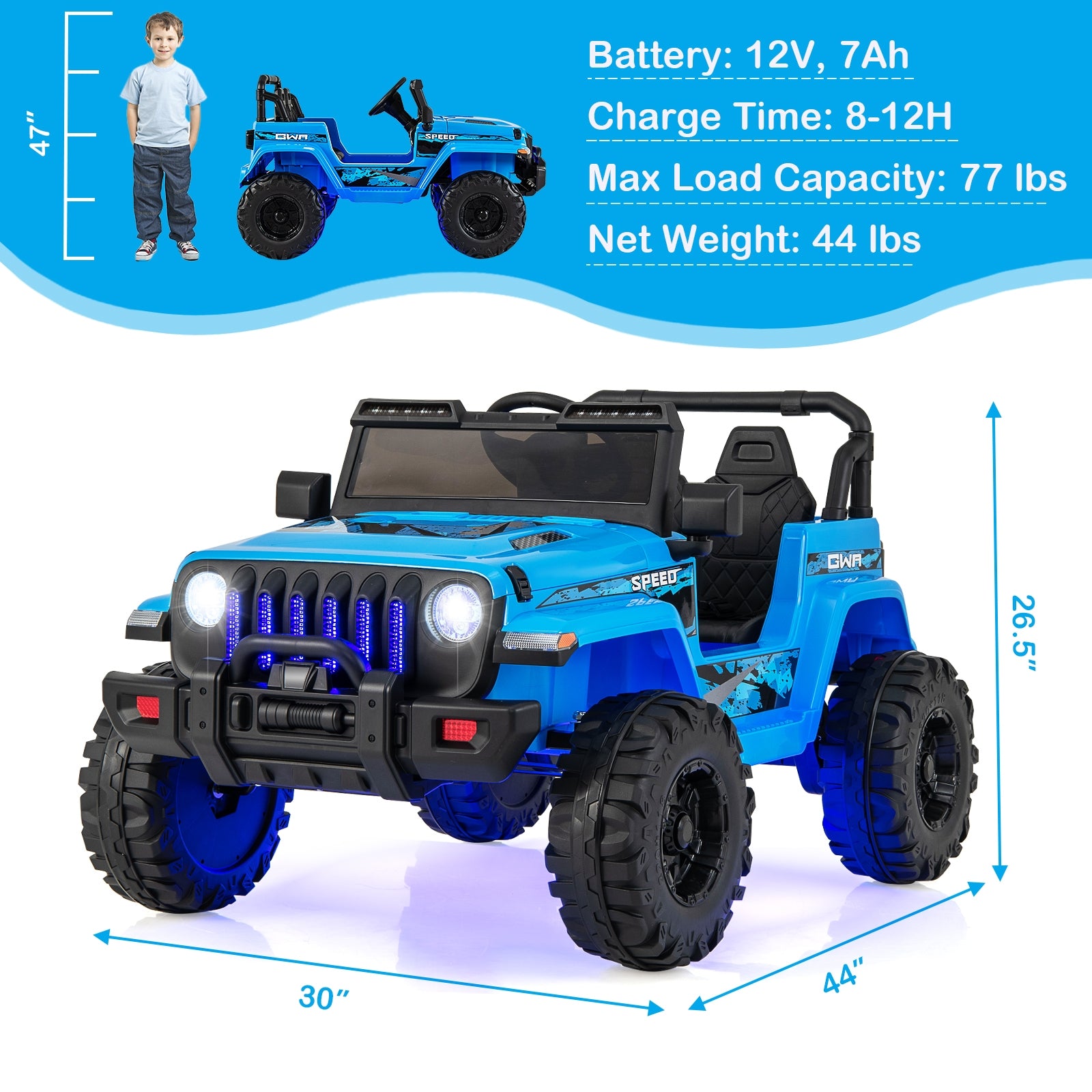 12V Kids Ride-on Jeep Car with 2.4 G Remote Control, Blue Powered Ride On Toys at Gallery Canada