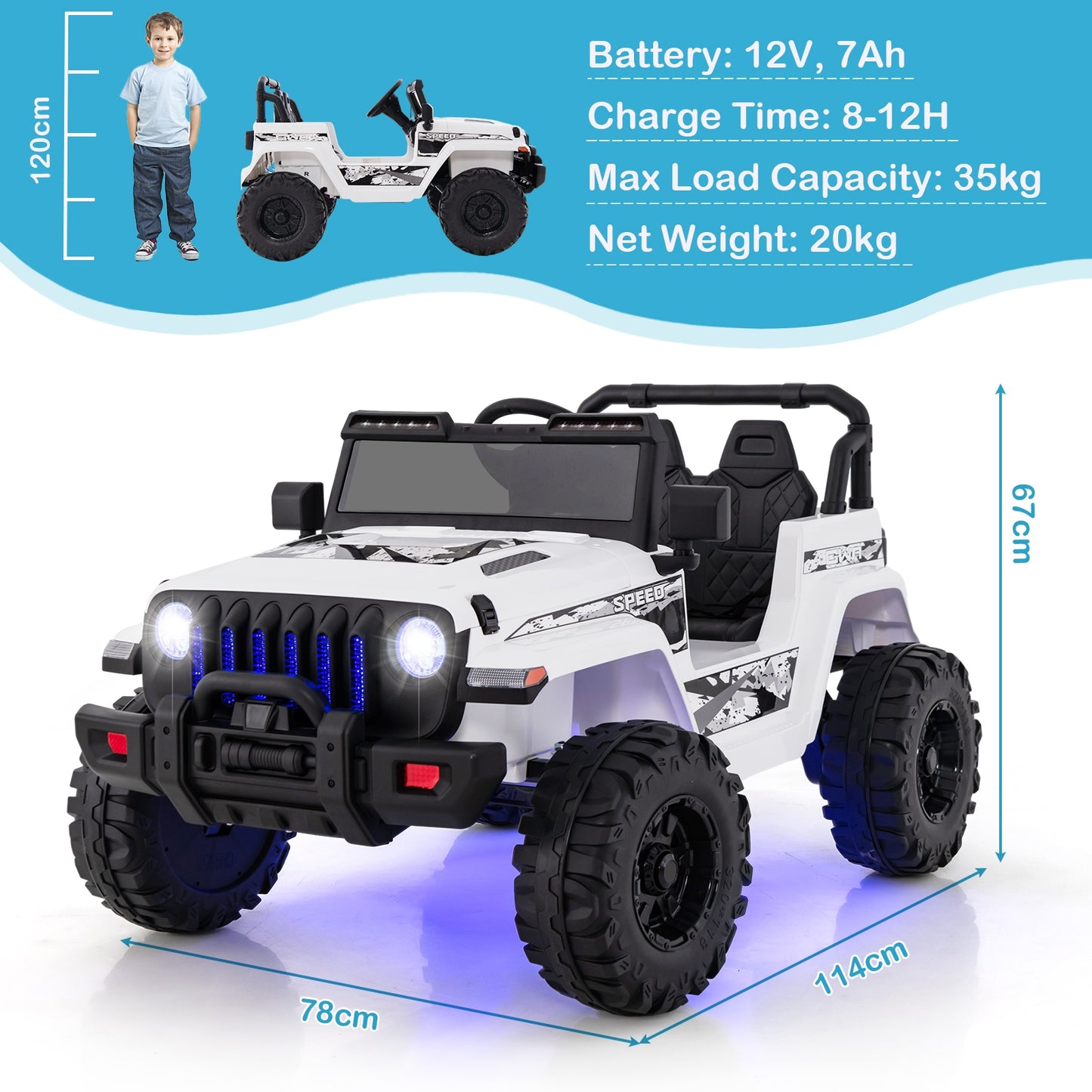 12V Kids Ride-On Jeep Car, 2.4G Remote Control, White Powered Ride On Toys at Gallery Canada