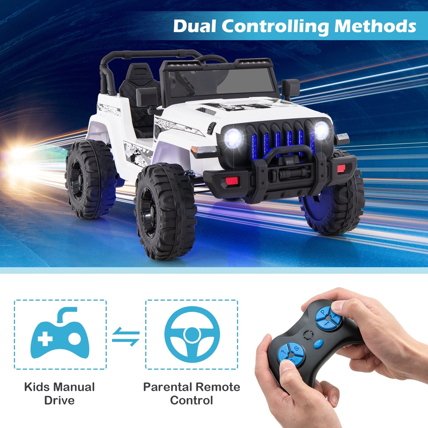 12V Kids Ride-On Jeep Car, 2.4G Remote Control, White Powered Ride On Toys at Gallery Canada