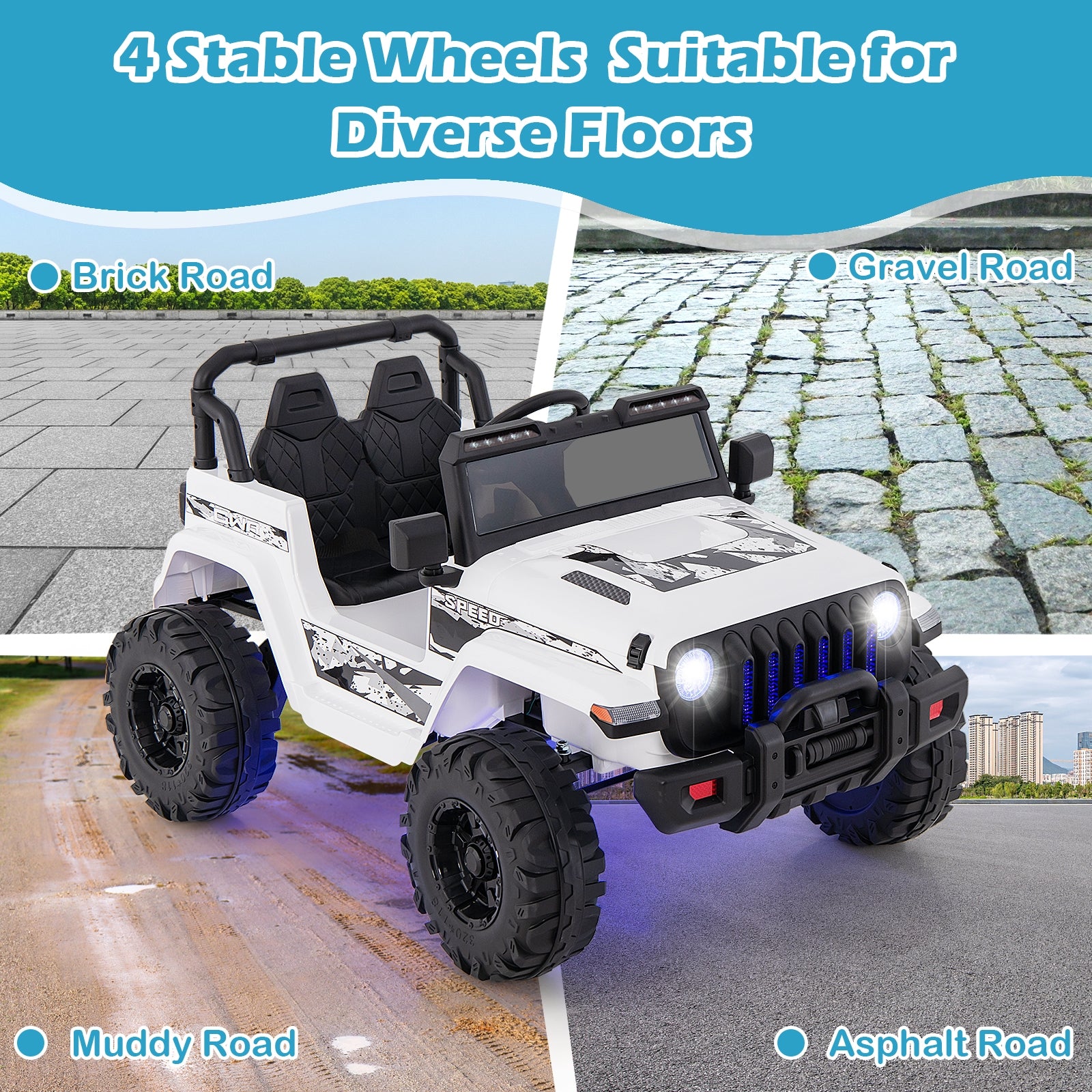 12V Kids Ride-On Jeep Car, 2.4G Remote Control, White Powered Ride On Toys at Gallery Canada