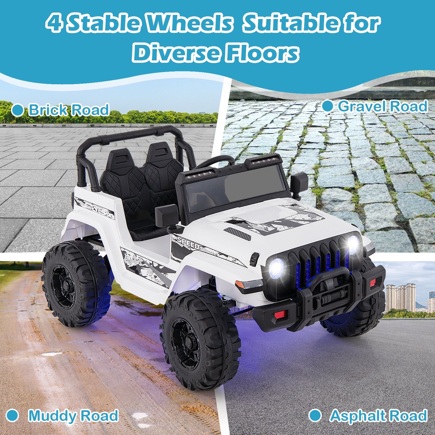 12V Kids Ride-On Jeep Car, 2.4G Remote Control, White Powered Ride On Toys at Gallery Canada