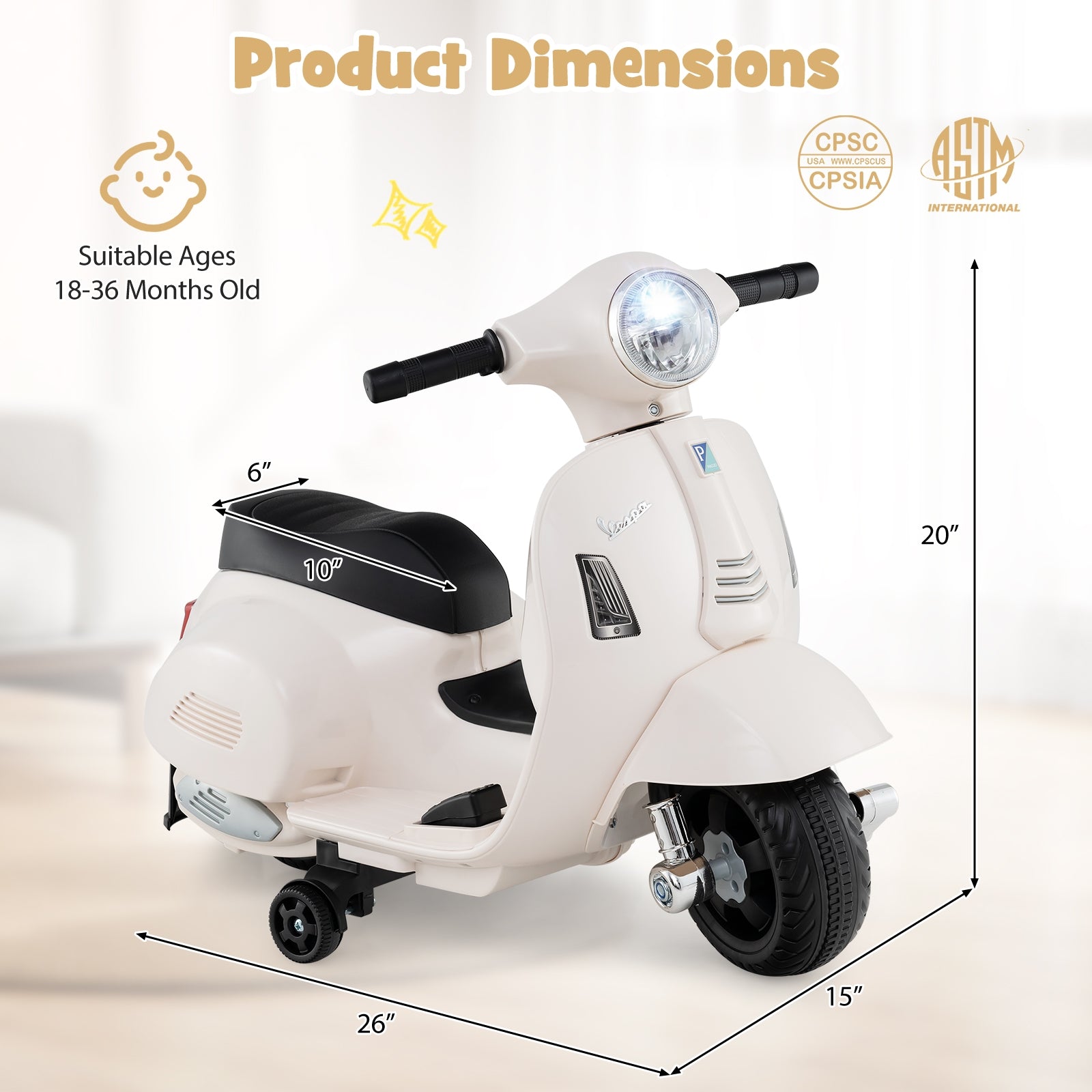 Kids Ride on Motorcycle Licensed Vespa with LED Headlight and Horn Sound, White Powered Ride On Toys at Gallery Canada