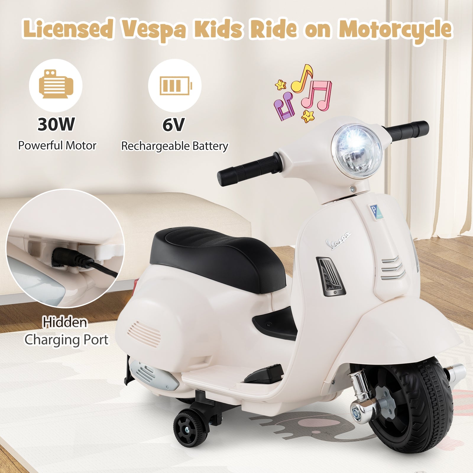 Kids Ride on Motorcycle Licensed Vespa with LED Headlight and Horn Sound, White Powered Ride On Toys at Gallery Canada