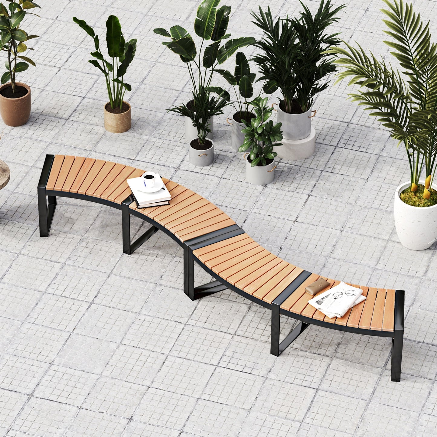 Patio Curved Bench with Slatted Seat and Metal Legs-1 Piece Outdoor Benches at Gallery Canada
