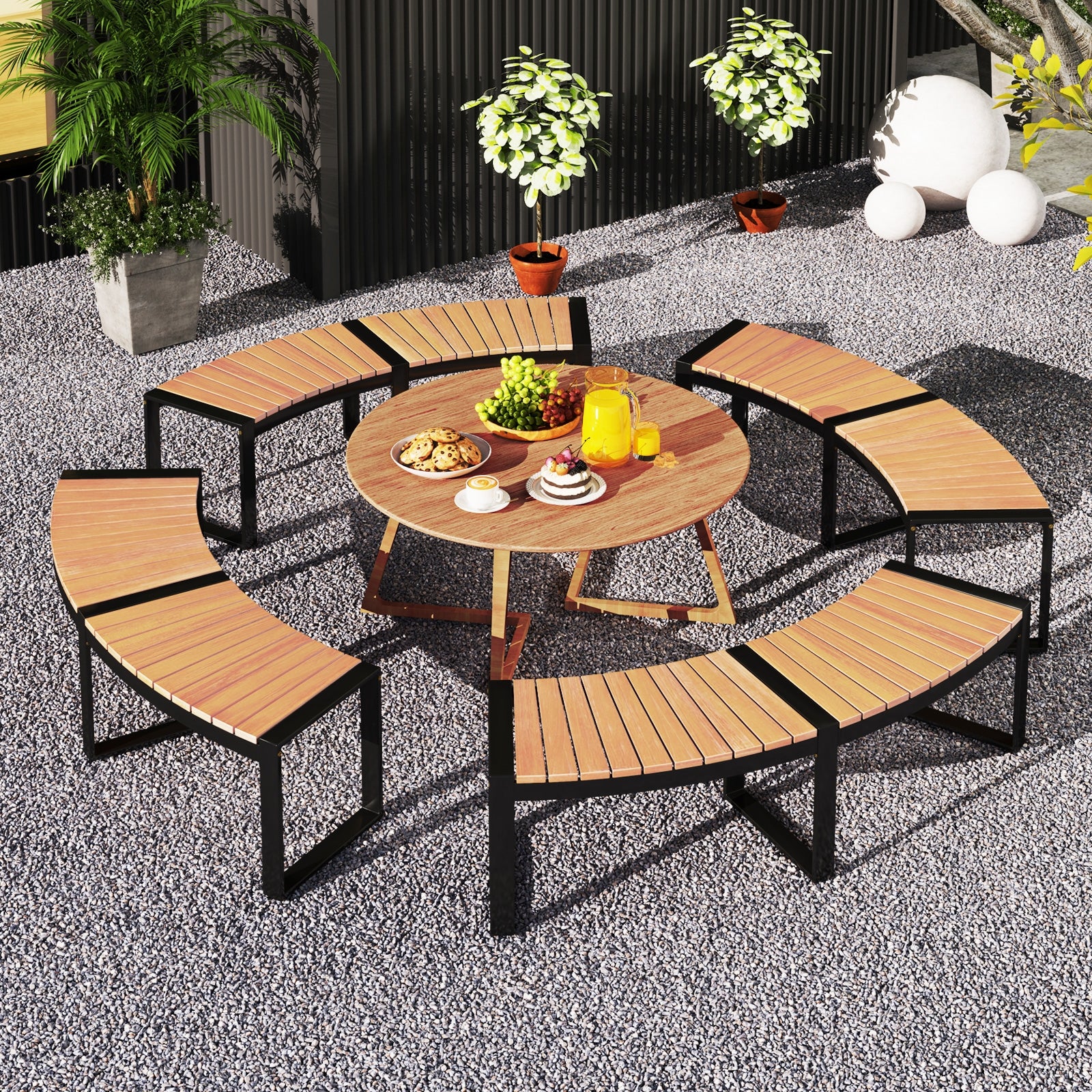 Patio Curved Bench with Slatted Seat and Metal Legs-2 Pieces Outdoor Benches at Gallery Canada