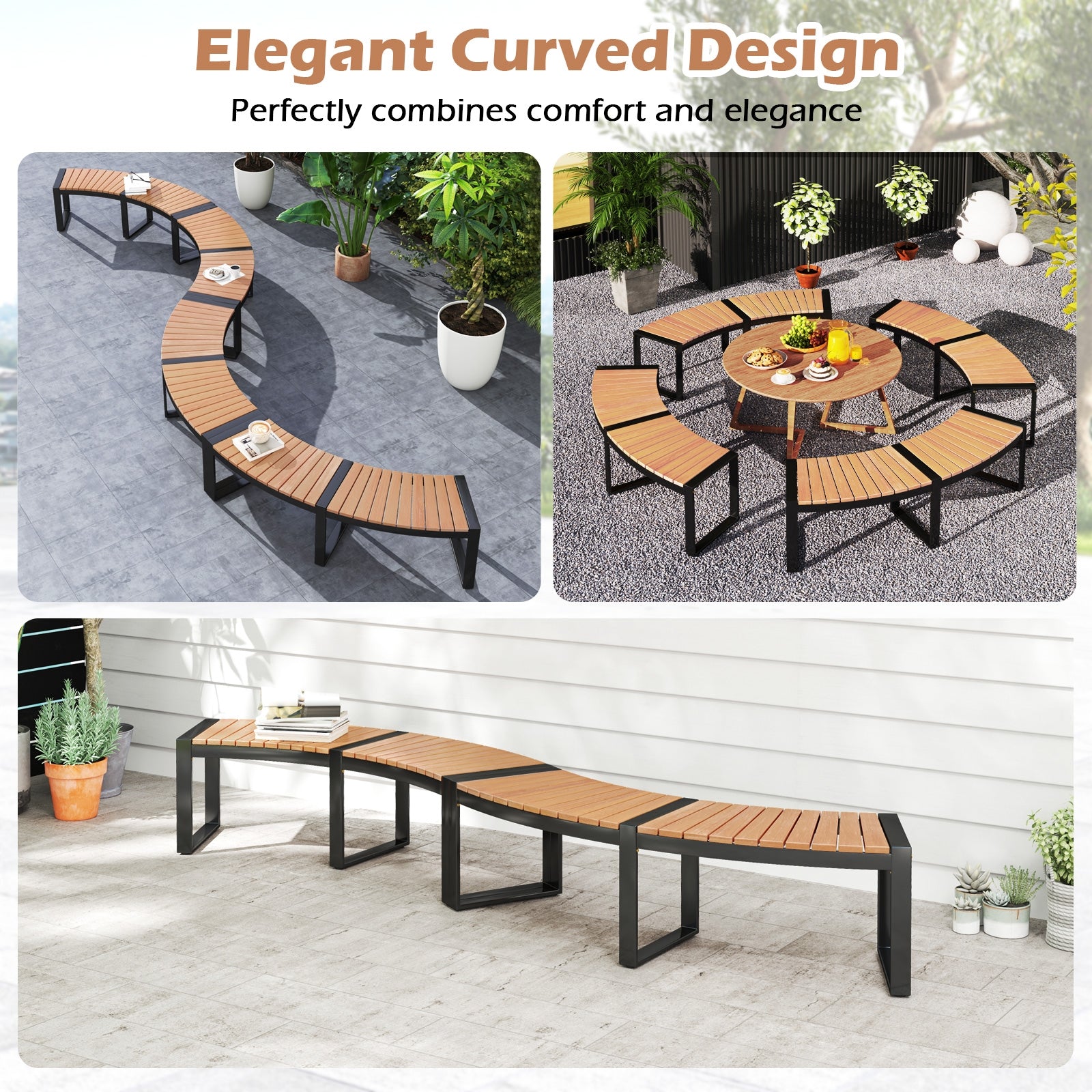 Patio Curved Bench with Slatted Seat and Metal Legs-2 Pieces Outdoor Benches at Gallery Canada