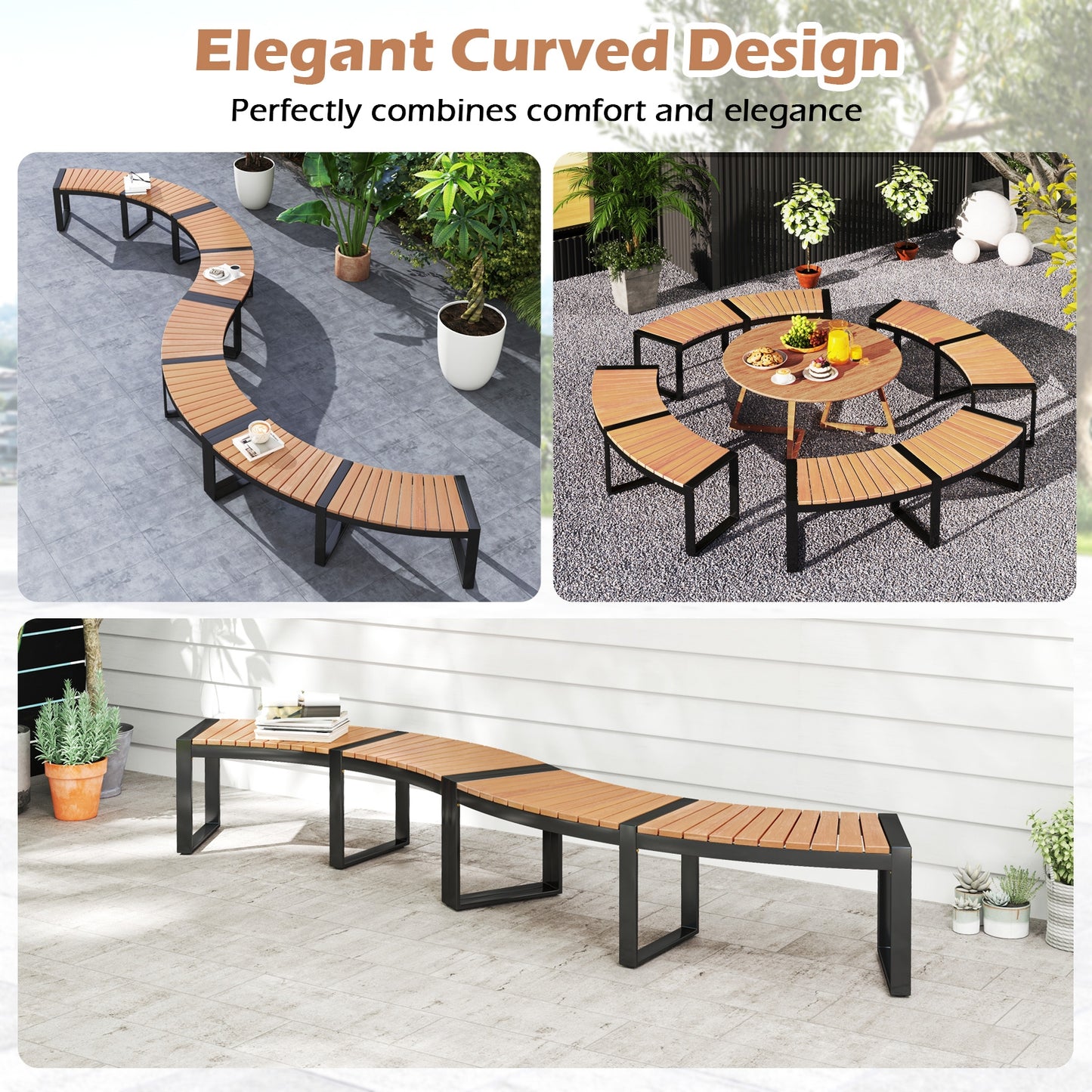 Patio Curved Bench with Slatted Seat and Metal Legs-2 Pieces Outdoor Benches at Gallery Canada