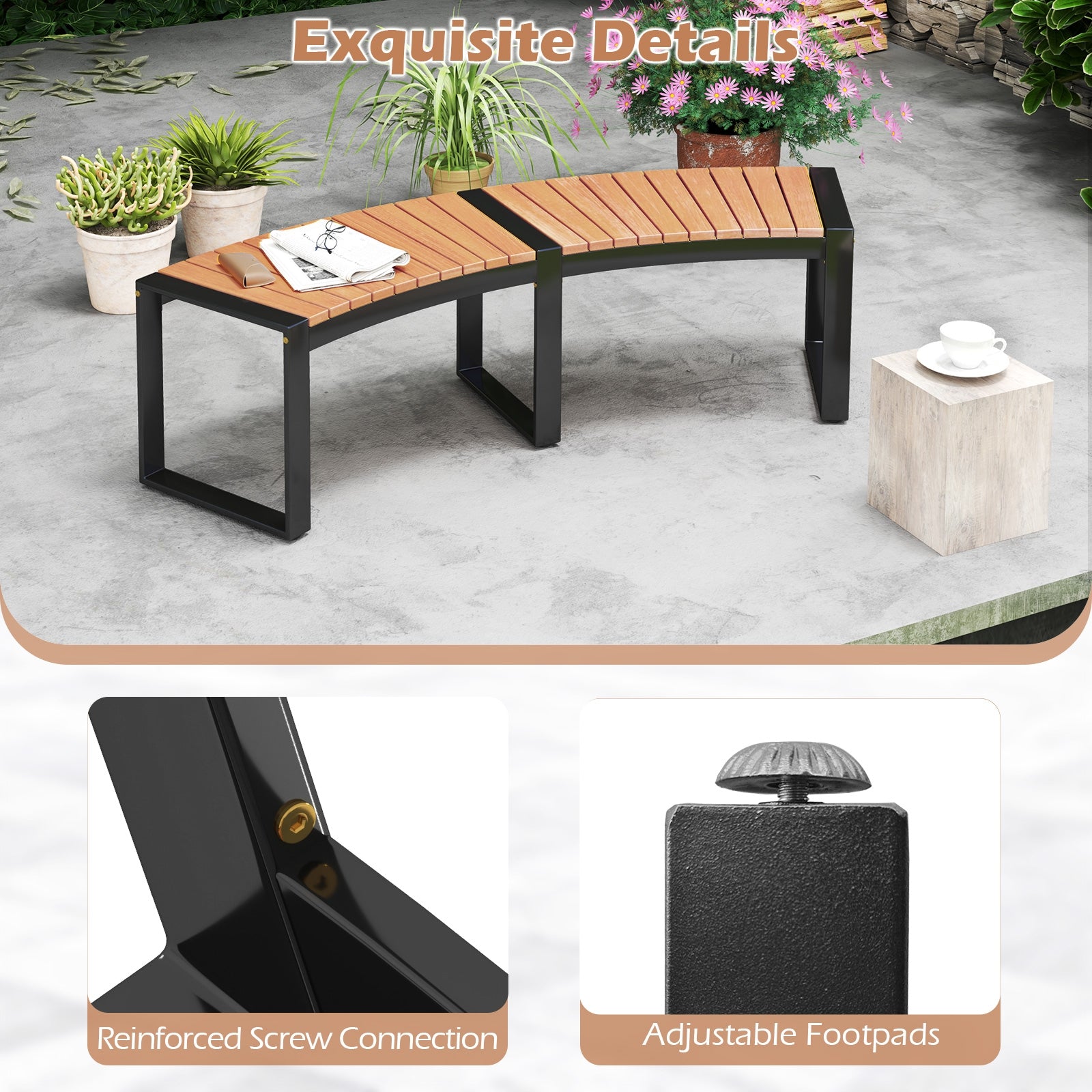 Patio Curved Bench with Slatted Seat and Metal Legs-1 Piece Outdoor Benches at Gallery Canada