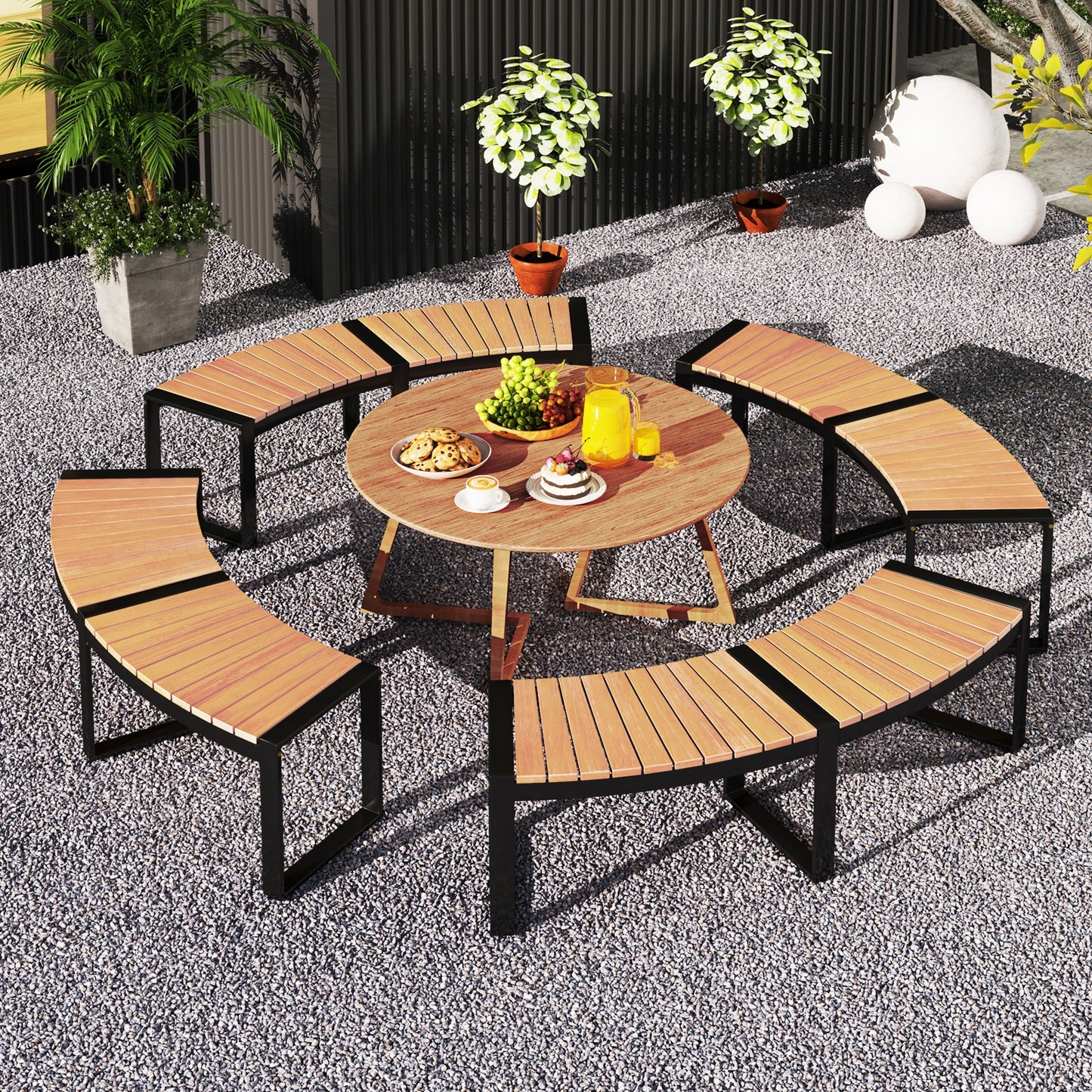 Patio Curved Bench with Slatted Seat and Metal Legs-1 Piece Outdoor Benches at Gallery Canada