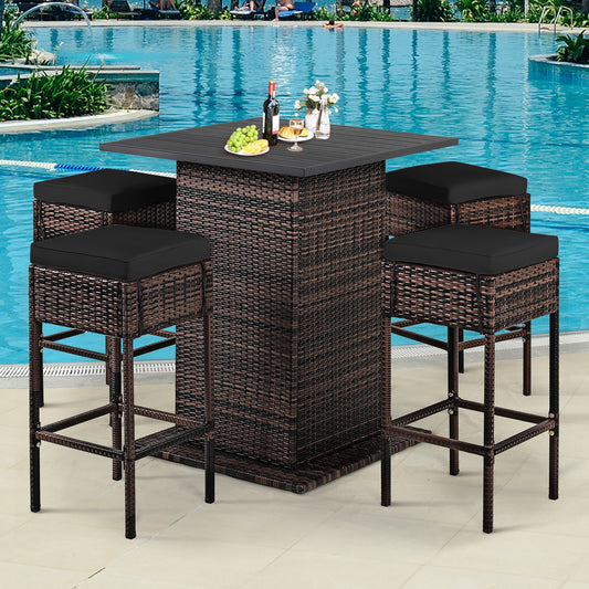 5-Piece Rattan Bar Set With Cushions, Hidden Storage Shelf, Black
