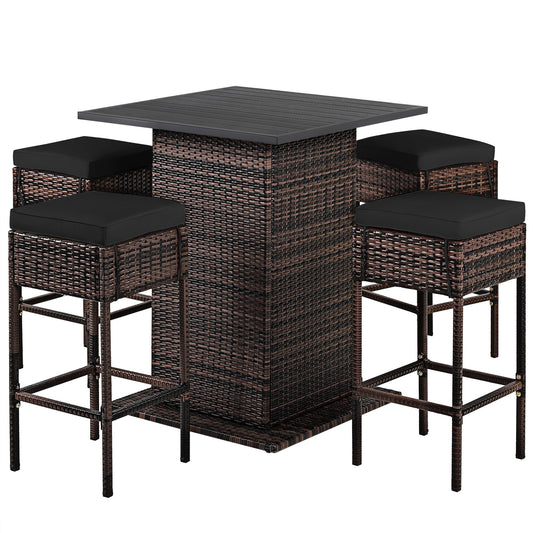 5-Piece Rattan Bar Set With Cushions, Hidden Storage Shelf, Black Patio Bar Furniture Black at Gallery Canada