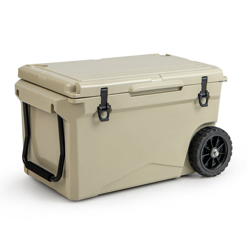 75 Quart Portable Cooler Rotomolded Ice Chest with Handles and Wheels, Tan