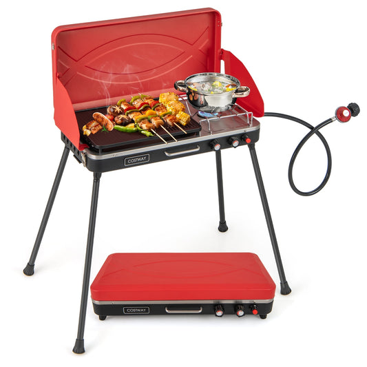 2-In-1 Gas Camping Grill And Stove, 4 Detachable Legs, Red