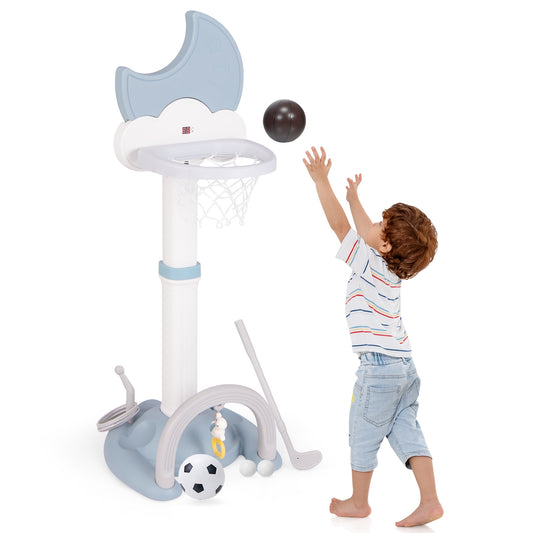 4-en-1 Panier de Basket pour Enfants, Ensemble de Jeu avec Tableau de Score Électronique en Forme de Lune, Bleu